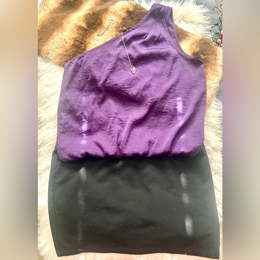 Vintage DKNY Plum and Black One-Shoulder Mixed Media Mini Dress! Sz S! So Chic!
